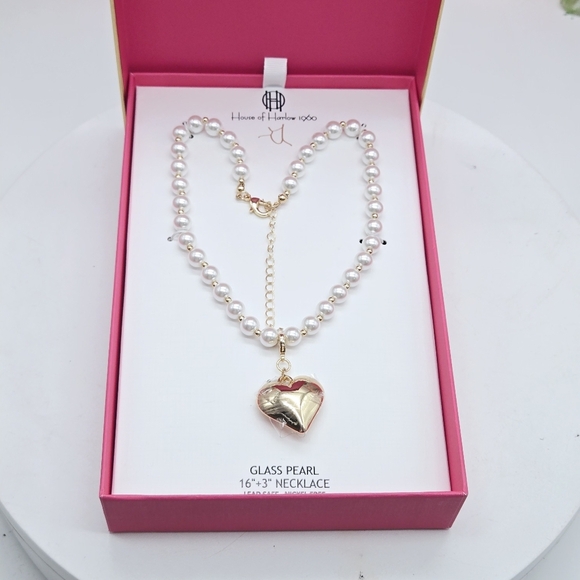 House of Harlow 1960 Jewelry - House of Harlow 1960 Glass Pearl Heart 16" + 3" Necklace
